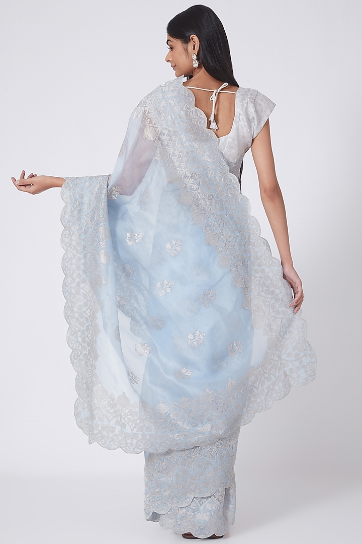 Ash Blue & Silver Applique Embroidered Reception Saree Set by Dev R Nil at Pernia's Pop Up Shop