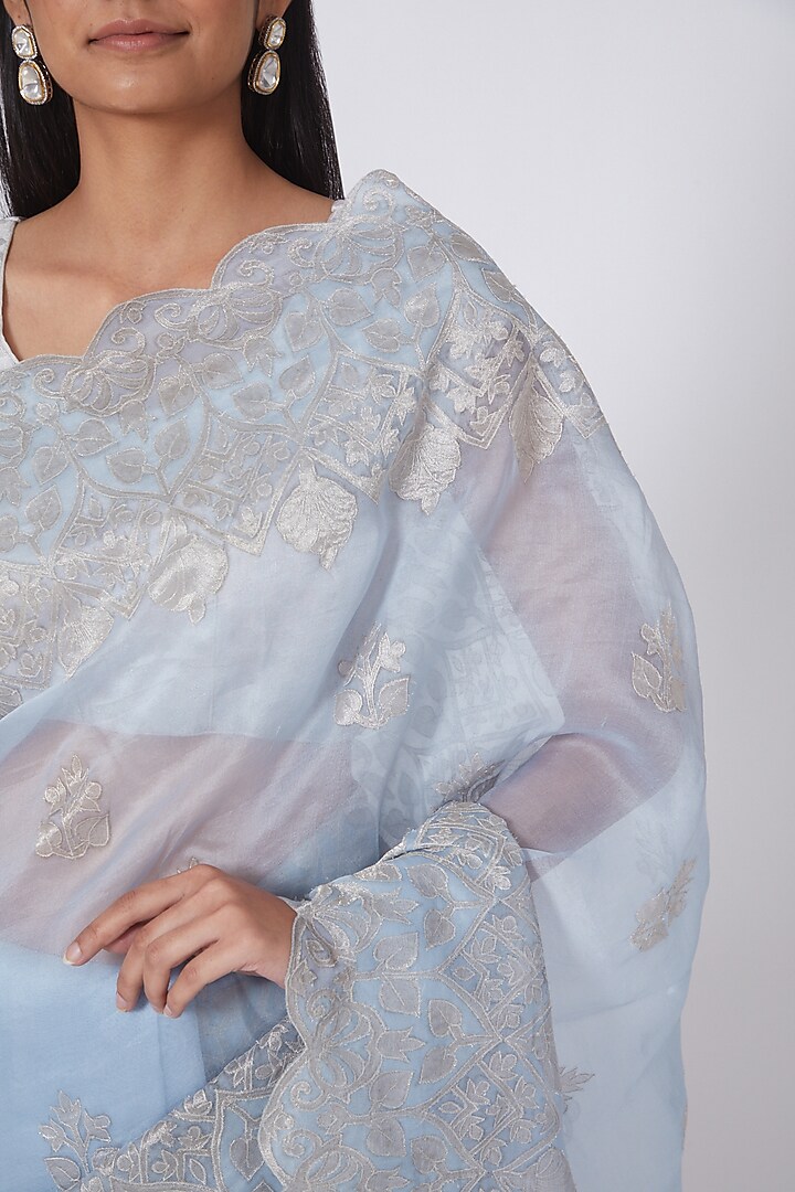 Ash Blue & Silver Applique Embroidered Reception Saree Set by Dev R Nil at Pernia's Pop Up Shop