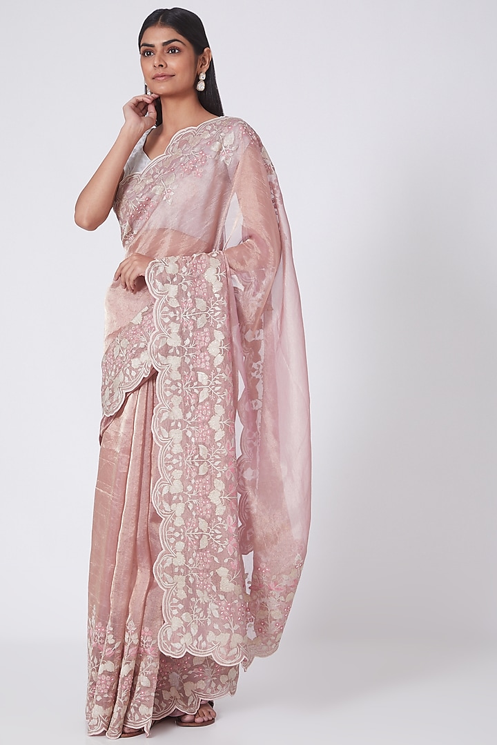 Onion Pink Aari Embroidered Saree Set by Dev R Nil