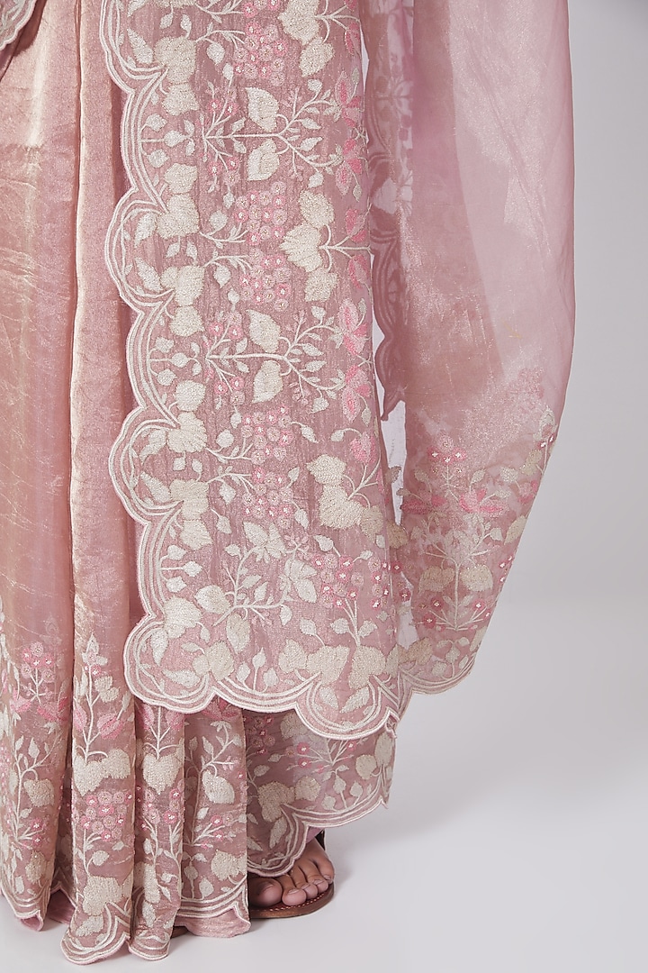 Onion Pink Aari Embroidered Reception Saree Set by Dev R Nil at Pernia's Pop Up Shop