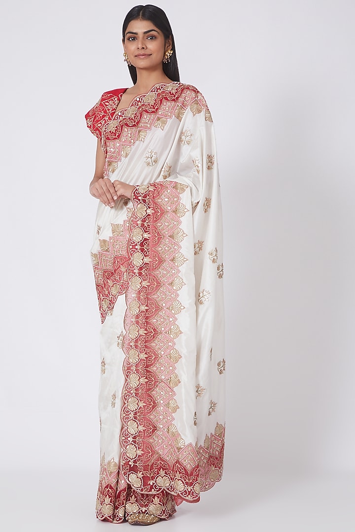 Red & White Zardosi Embroidered Saree Set by Dev R Nil