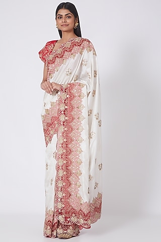 Red & White Zardosi Embroidered Saree Set by Dev R Nil