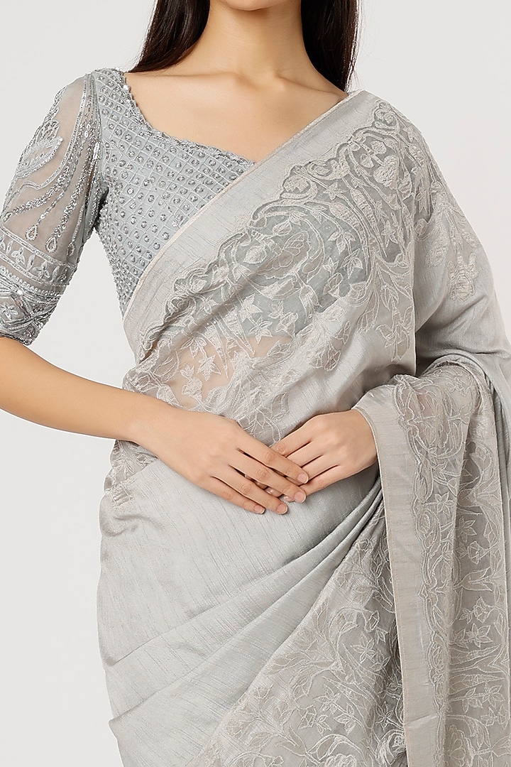 Grey Embroidered Reception Saree by Dev R Nil at Pernia's Pop Up Shop