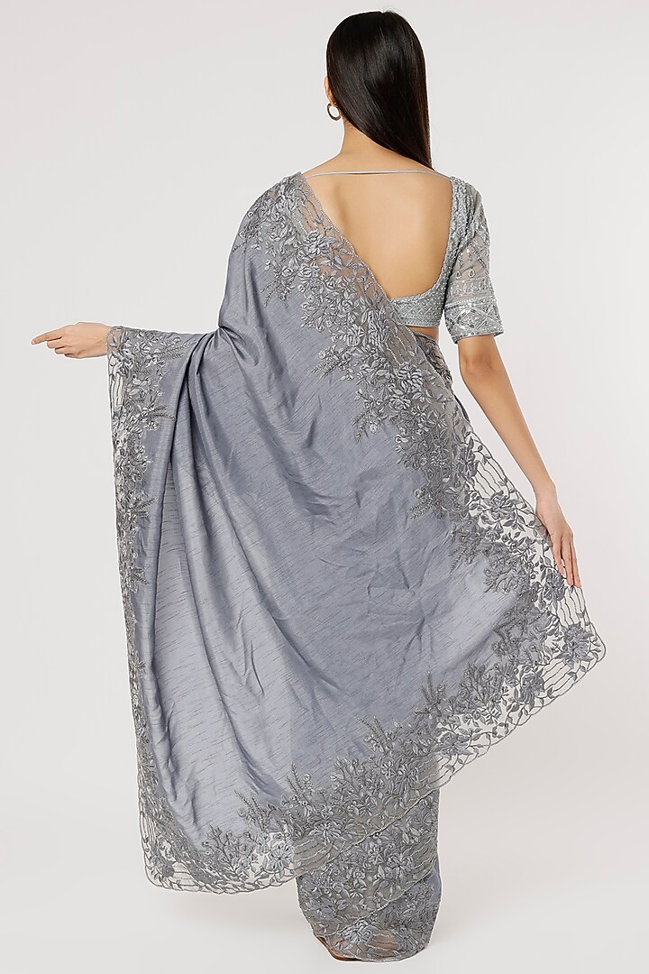 Grey Silk Embroidered Reception Saree by Dev R Nil at Pernia's Pop Up Shop