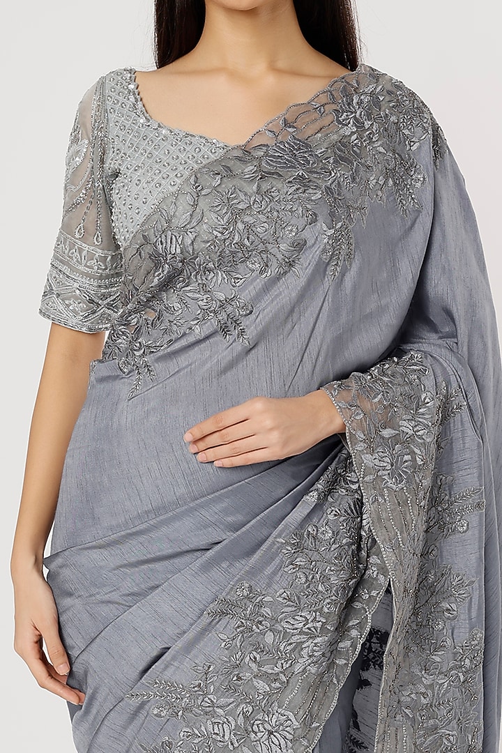 Grey Silk Embroidered Reception Saree by Dev R Nil at Pernia's Pop Up Shop
