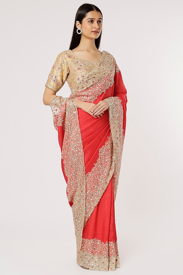 Red Silk Jaal Embroidered Saree by Dev R Nil
