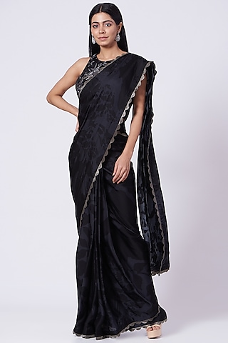 Black Fossil Printed Stitched Saree Set by Dev R Nil