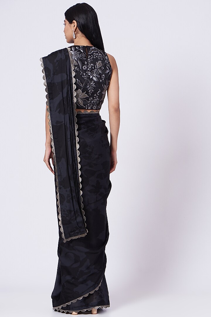 Black Fossil Printed Stitched Wedding Saree Set by Dev R Nil at Pernia's Pop Up Shop