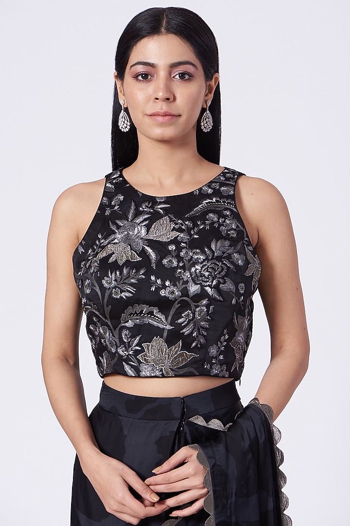 Black Fossil Printed Stitched Wedding Saree Set by Dev R Nil at Pernia's Pop Up Shop