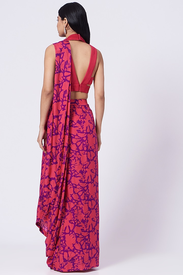 French Fuchsia Fossil Printed Draped Wedding Saree Set by Dev R Nil at Pernia's Pop Up Shop
