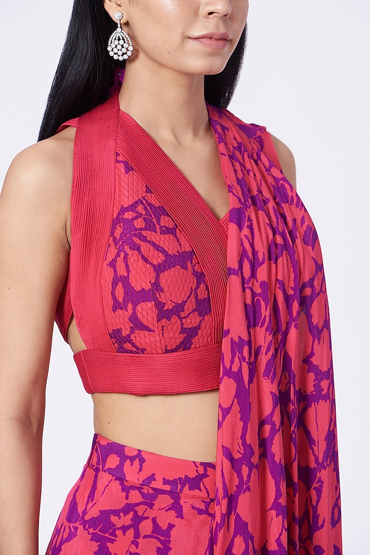 French Fuchsia Fossil Printed Draped Wedding Saree Set by Dev R Nil at Pernia's Pop Up Shop