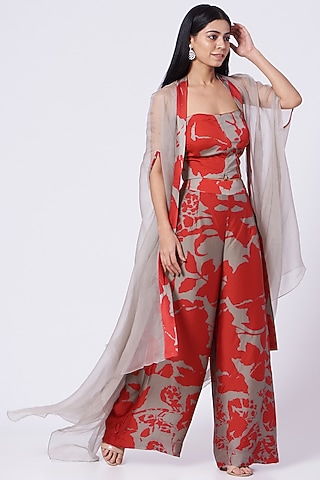 Fiery Red & Grey Printed Pant Set by Dev R Nil
