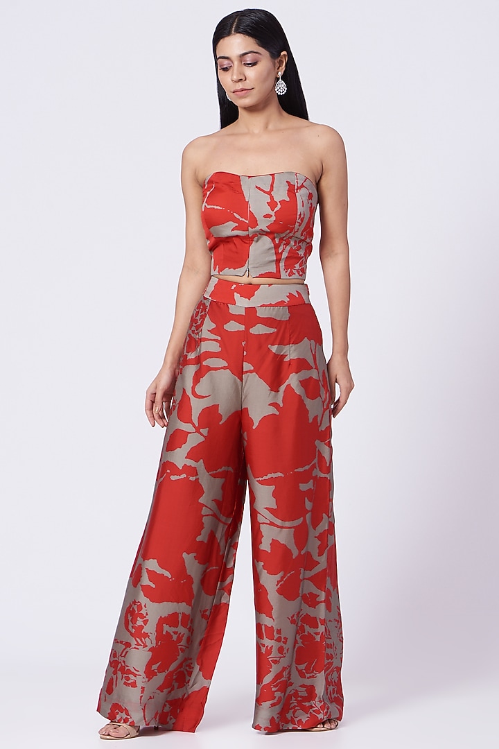 Fiery Red & Grey Printed Pant Set by Dev R Nil at Pernia's Pop Up Shop