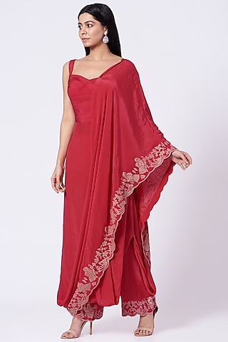 Fiery Red Draped Saree Tunic Set by Dev R Nil