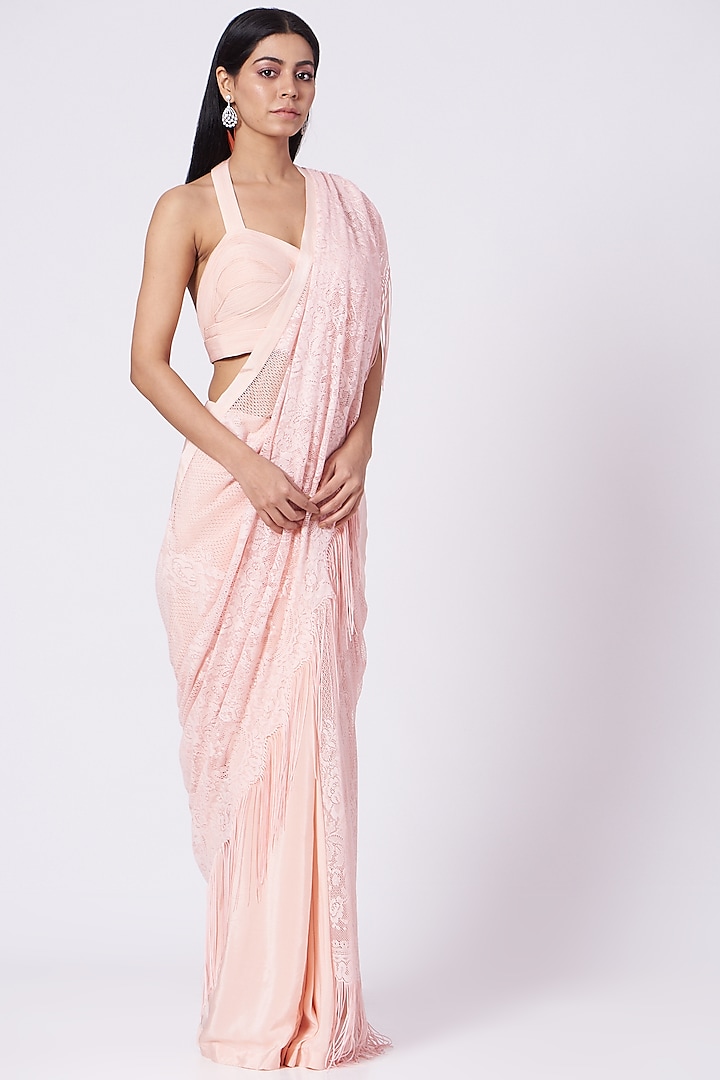 Blush Pink Embroidered & Printed Saree Set by Dev R Nil
