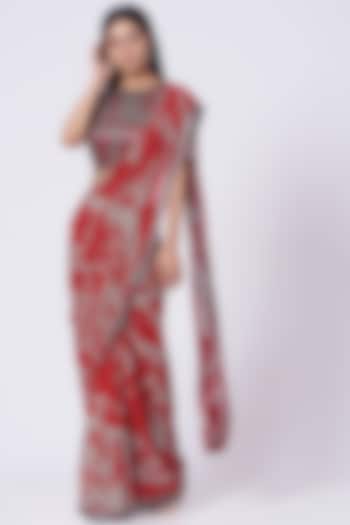 Fiery Red & Grey Georgette Fossil Printed Pre-stitched Saree Set by Dev R Nil