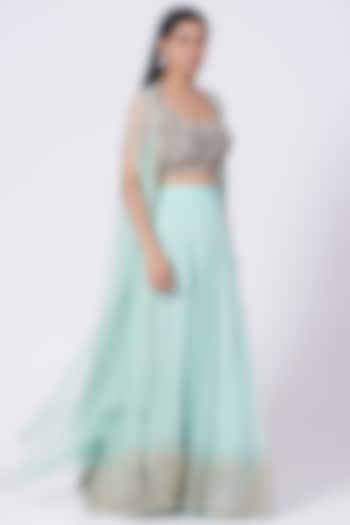Mint Sequins Embroidered Lehenga Set by Dev R Nil