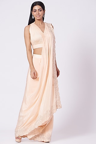 Peach Embroidered Draped Saree Set by Dev R Nil