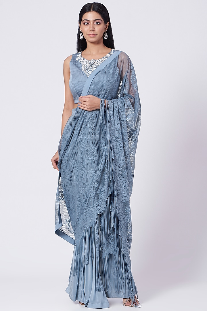 Greyish Blue Embroidered Lace-Stitched Saree Set by Dev R Nil
