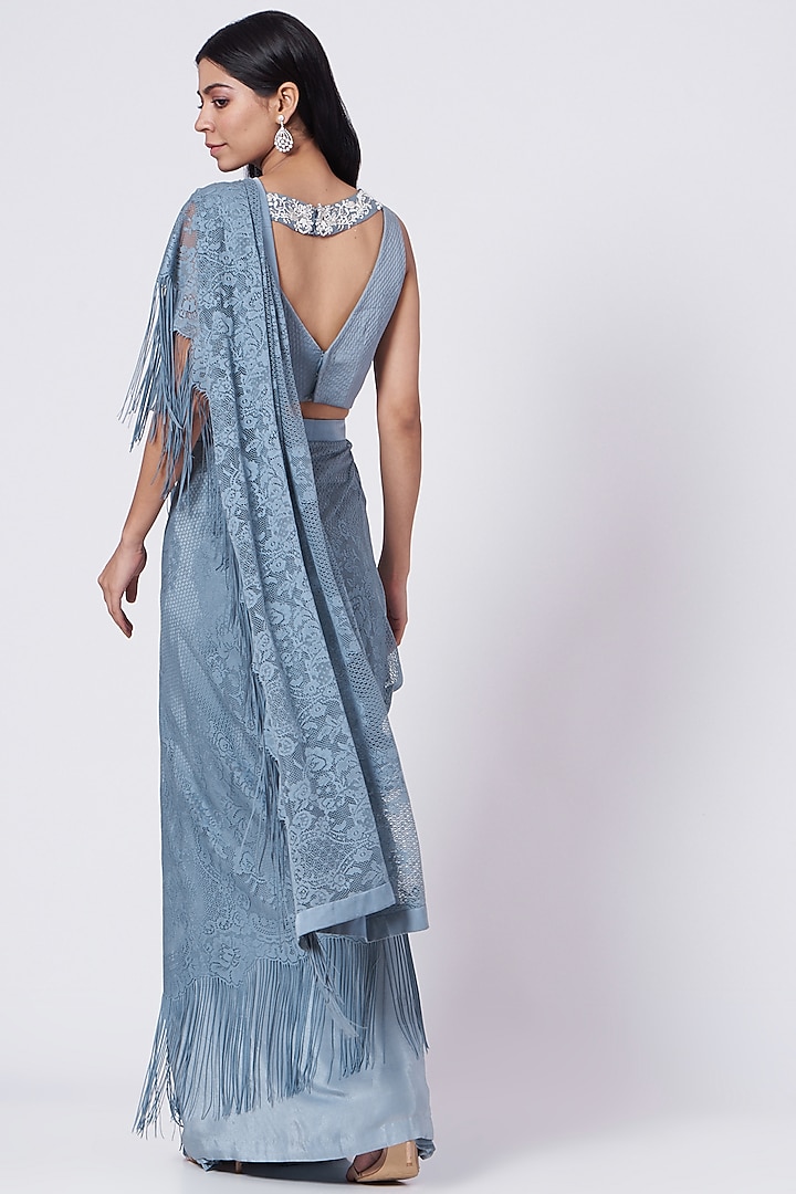 Greyish Blue Embroidered Lace-Stitched Wedding Saree Set by Dev R Nil at Pernia's Pop Up Shop