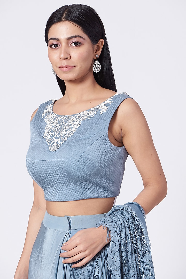 Greyish Blue Embroidered Lace-Stitched Wedding Saree Set by Dev R Nil at Pernia's Pop Up Shop