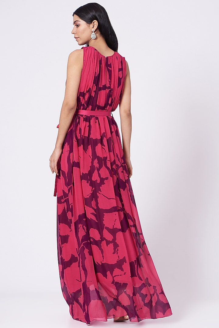 Neon Fuchsia Chiffon Fossil Printed Maxi Cocktail Dress by Dev R Nil at Pernia's Pop Up Shop