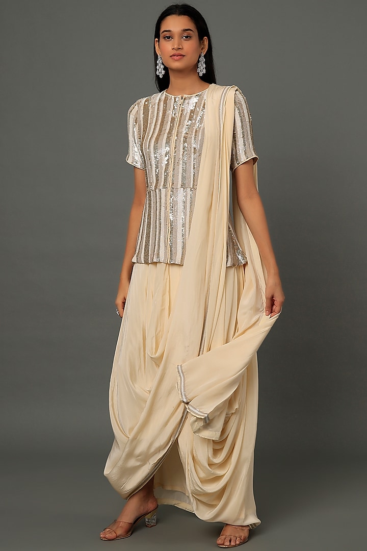 Cream Embroidered Draped Jacket Saree Set by Dev R Nil at Pernia's Pop Up Shop