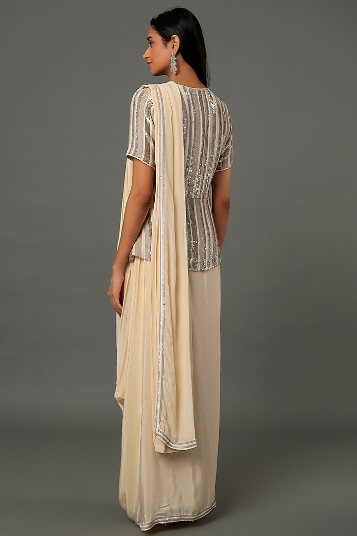 Cream Embroidered Draped Jacket Reception Saree Set by Dev R Nil at Pernia's Pop Up Shop