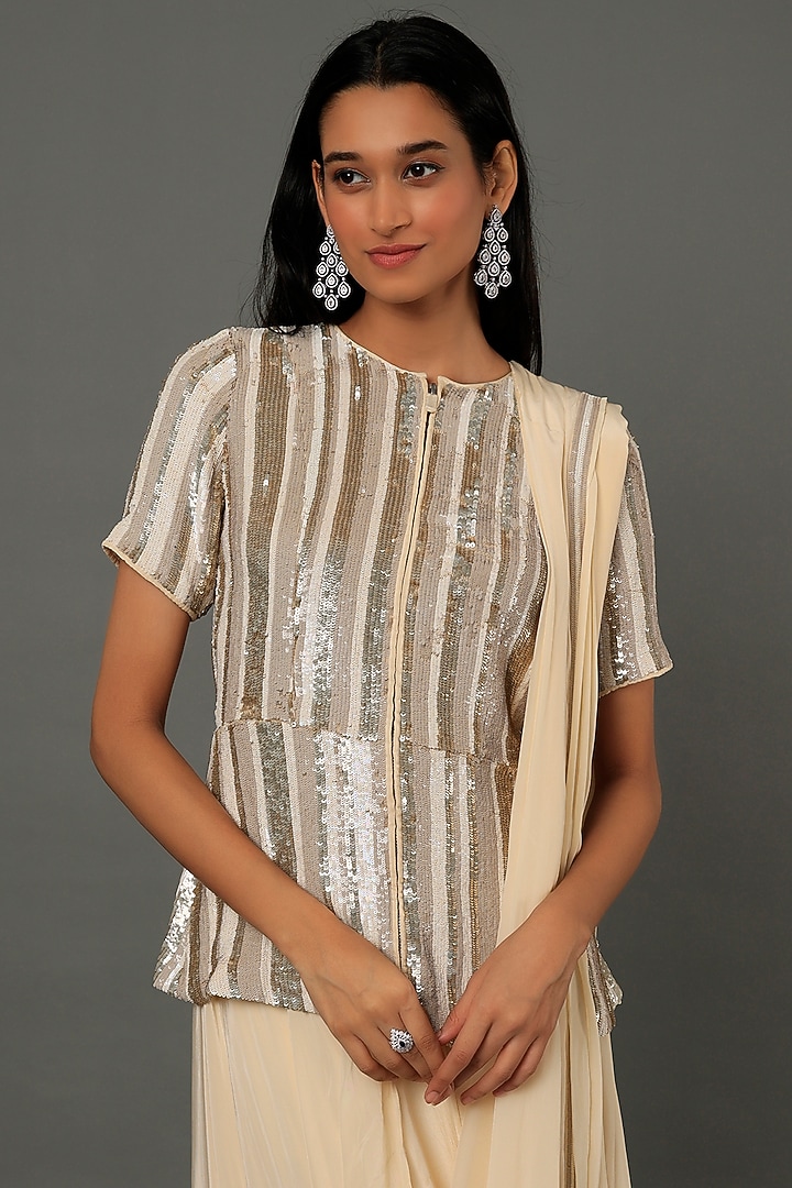 Cream Embroidered Draped Jacket Reception Saree Set by Dev R Nil at Pernia's Pop Up Shop