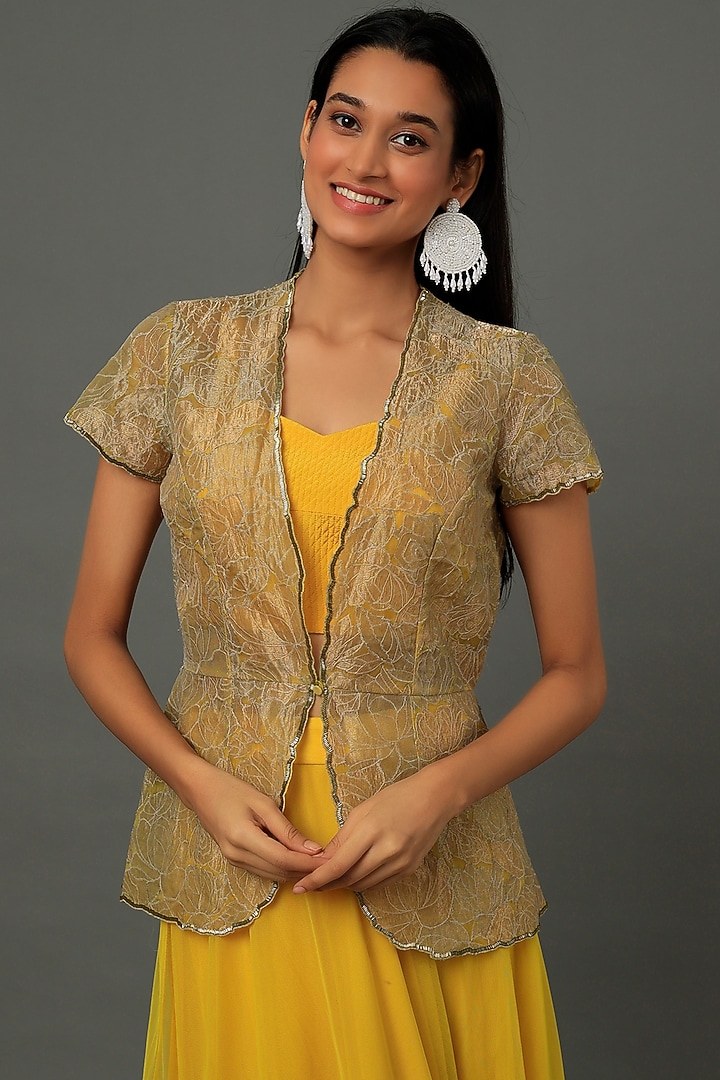 Yellow Appliqued Jacket Set by Dev R Nil at Pernia's Pop Up Shop