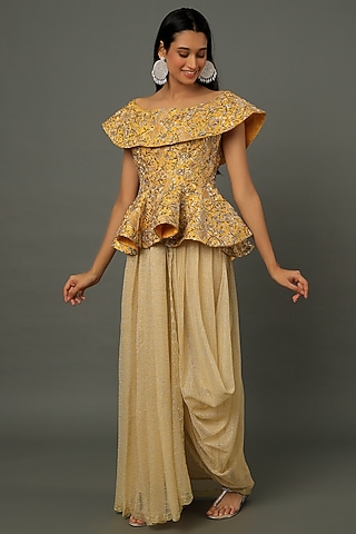 Beige Tulle Draped Skirt Set by Dev R Nil