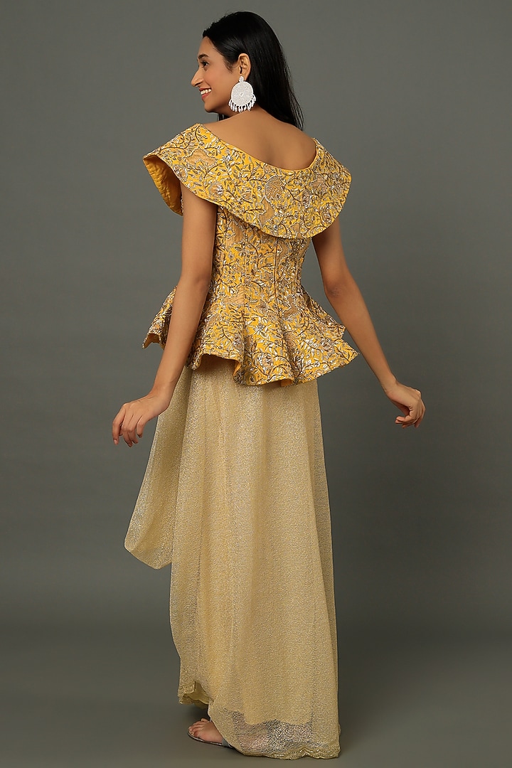 Beige Tulle Draped Skirt Set by Dev R Nil at Pernia's Pop Up Shop