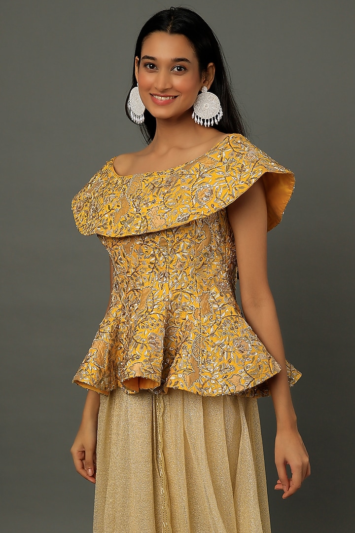 Beige Tulle Draped Skirt Set by Dev R Nil at Pernia's Pop Up Shop