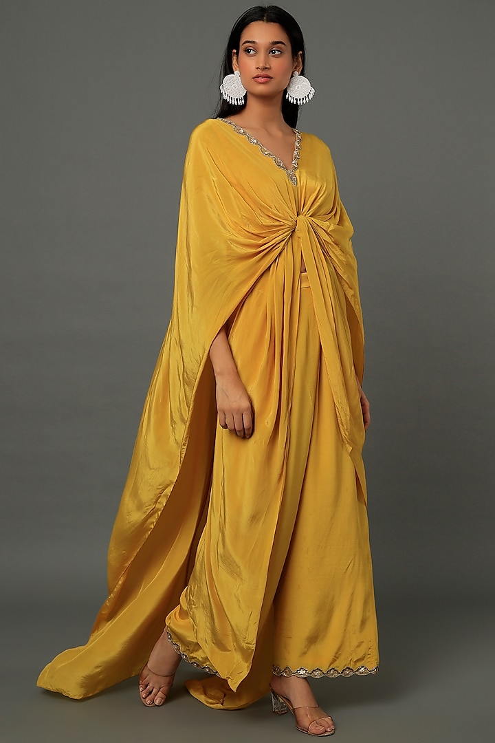 Yellow Crepe Knotted Dress With Pants by Dev R Nil at Pernia's Pop Up Shop