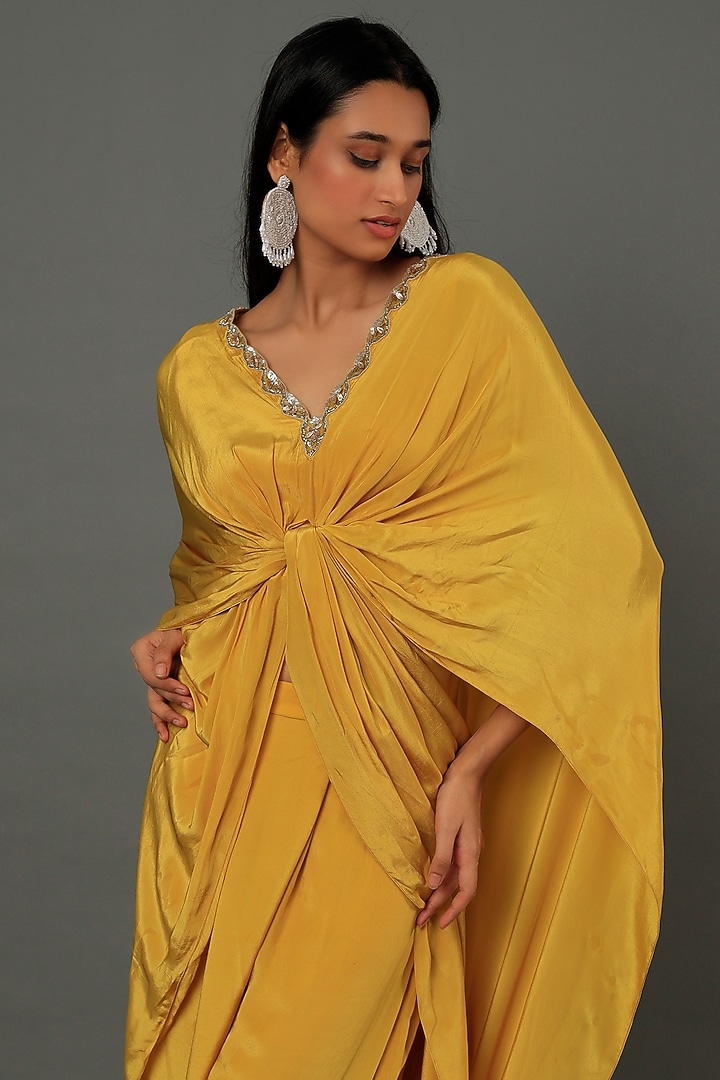 Yellow Crepe Knotted Dress With Pants by Dev R Nil at Pernia's Pop Up Shop