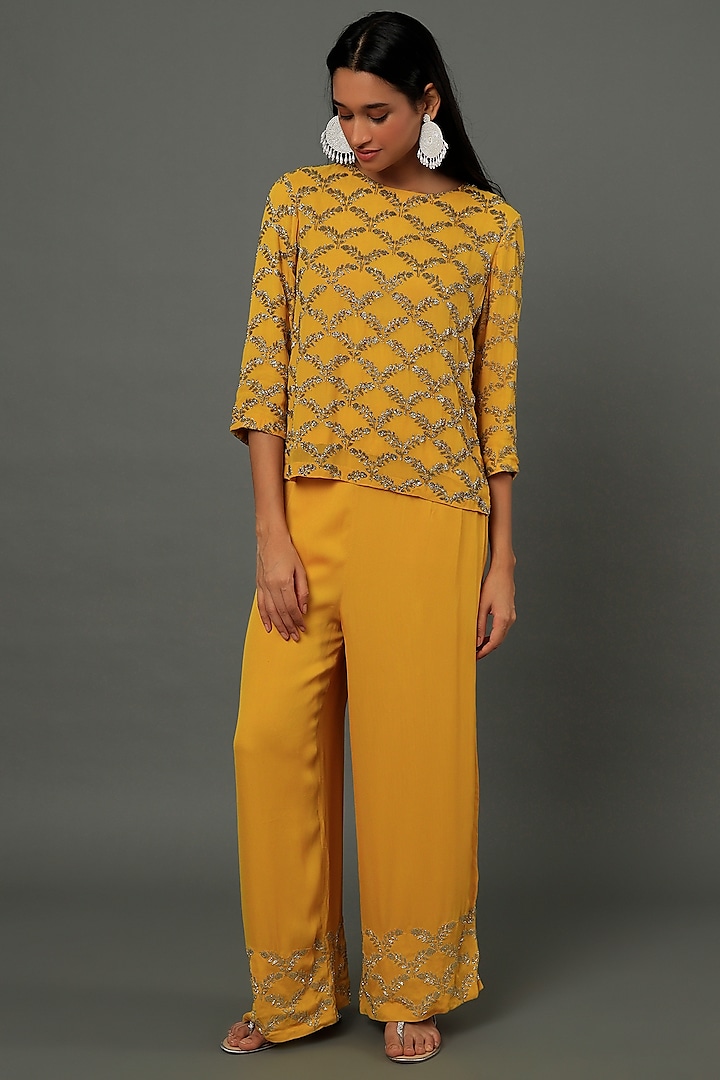 Yellow Embroidered Pant Set by Dev R Nil