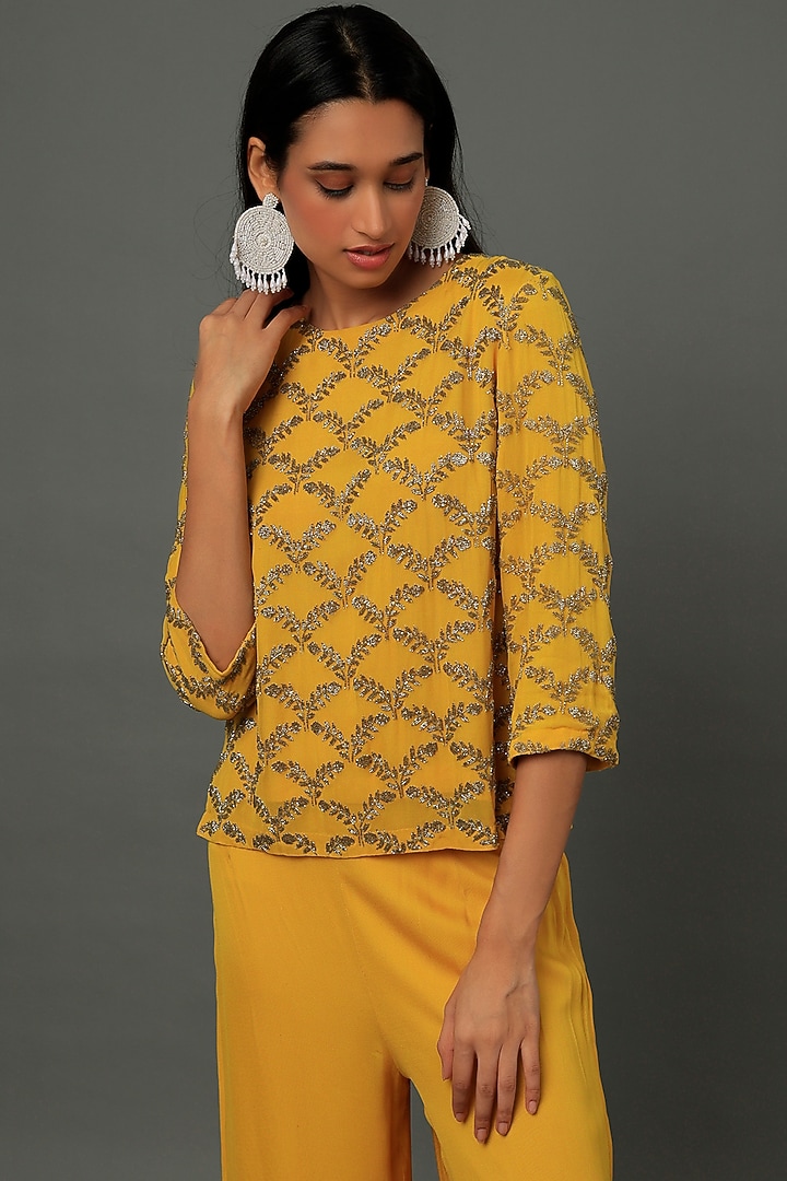 Yellow Embroidered Pant Set by Dev R Nil at Pernia's Pop Up Shop