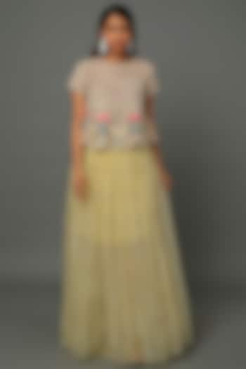 Pale Yellow Embroidered Pleated SKirt Set by Dev R Nil at Pernia's Pop Up Shop