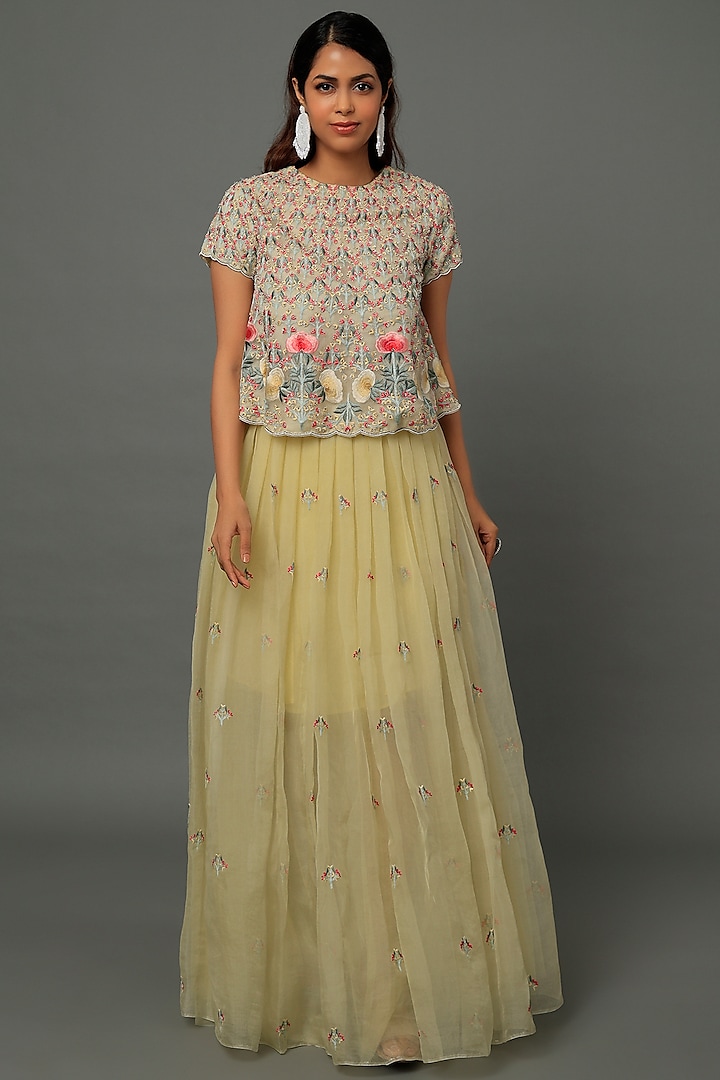 Pale Yellow Embroidered Pleated SKirt Set by Dev R Nil at Pernia's Pop Up Shop