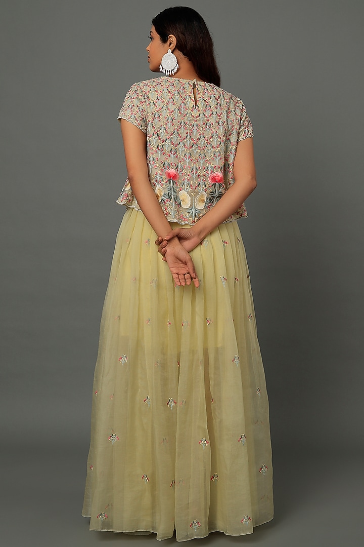 Pale Yellow Embroidered Pleated SKirt Set by Dev R Nil at Pernia's Pop Up Shop
