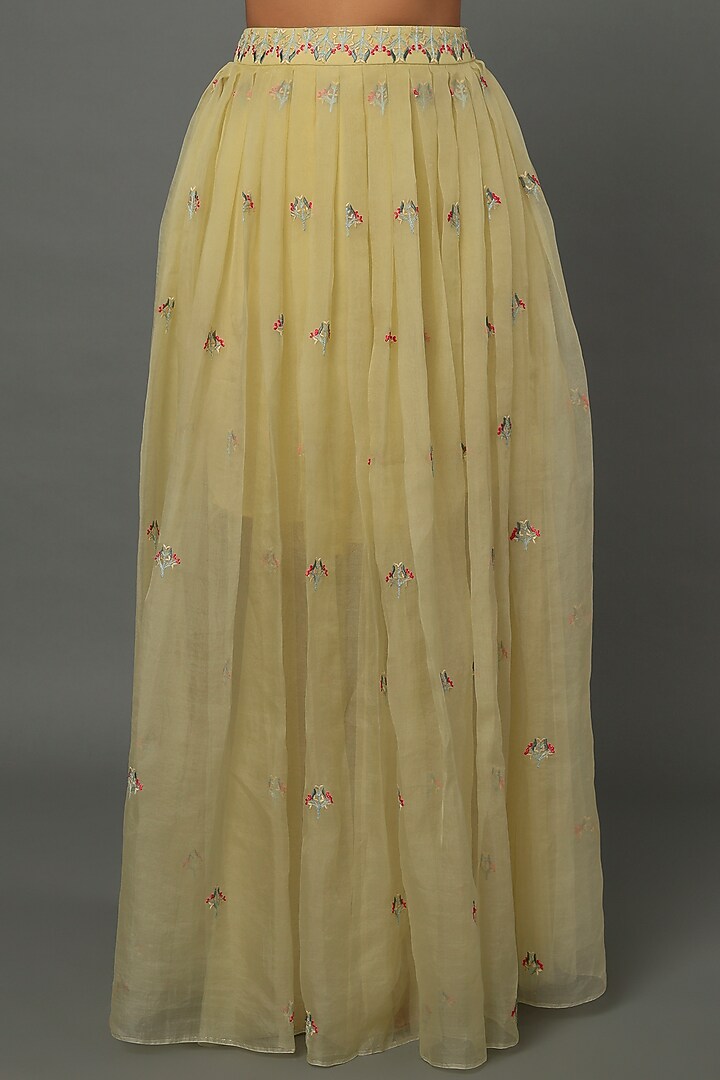 Pale Yellow Embroidered Pleated SKirt Set by Dev R Nil at Pernia's Pop Up Shop