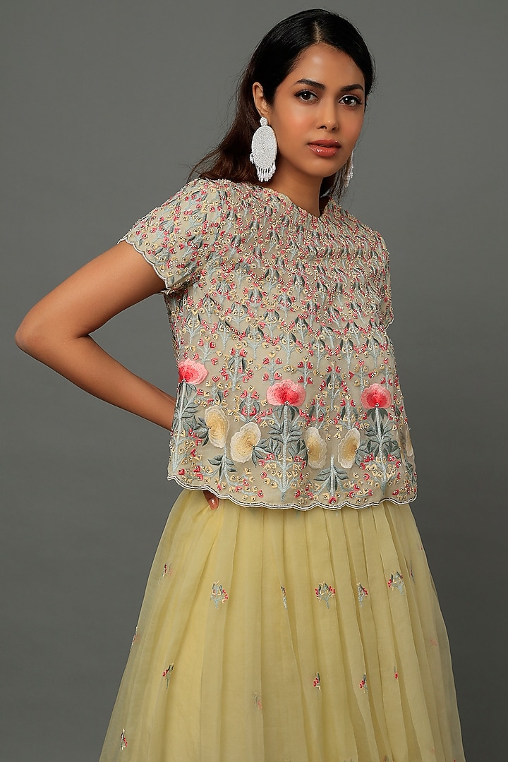 Pale Yellow Embroidered Pleated SKirt Set by Dev R Nil at Pernia's Pop Up Shop