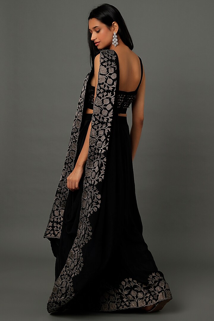 Black Appliqued Draped Reception Saree Set by Dev R Nil at Pernia's Pop Up Shop