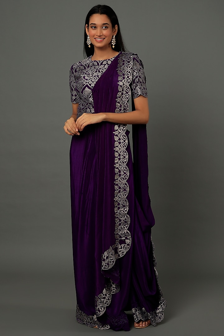 Purple Appliqued Draped Saree Set by Dev R Nil