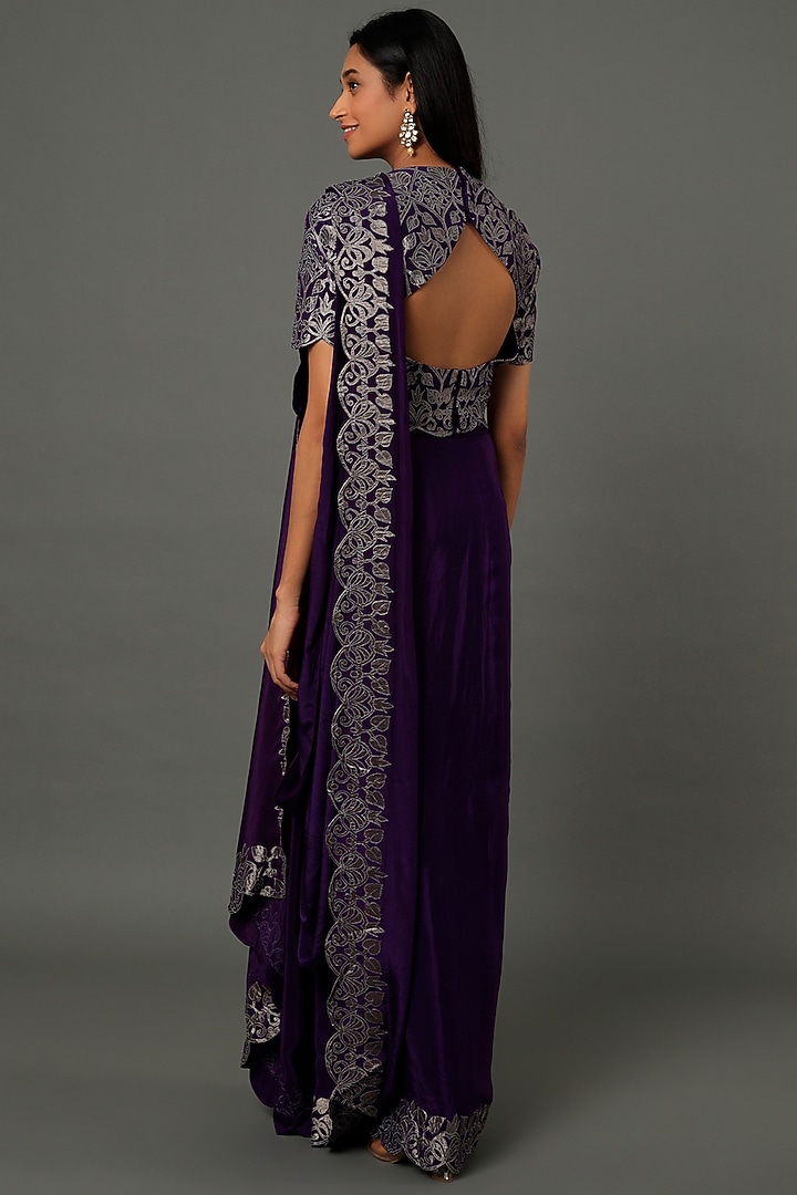 Purple Appliqued Draped Reception Saree Set by Dev R Nil at Pernia's Pop Up Shop