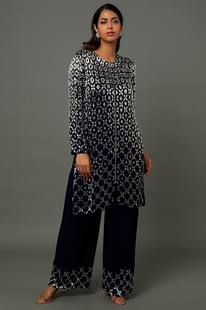 Navy Embroidered Jacket Set by Dev R Nil at Pernia's Pop Up Shop