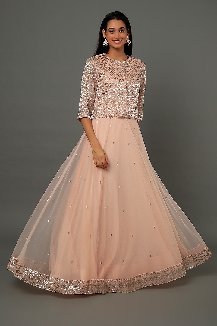 Peach Tulle Skirt Set by Dev R Nil