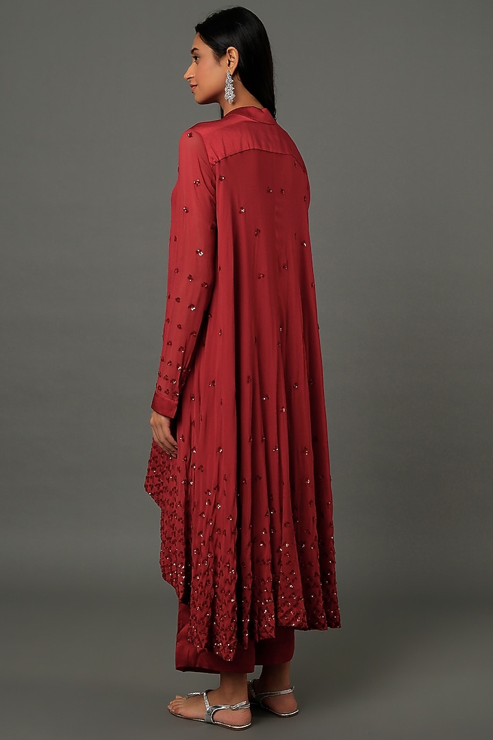 Maroon Georgette Pant Set by Dev R Nil at Pernia's Pop Up Shop