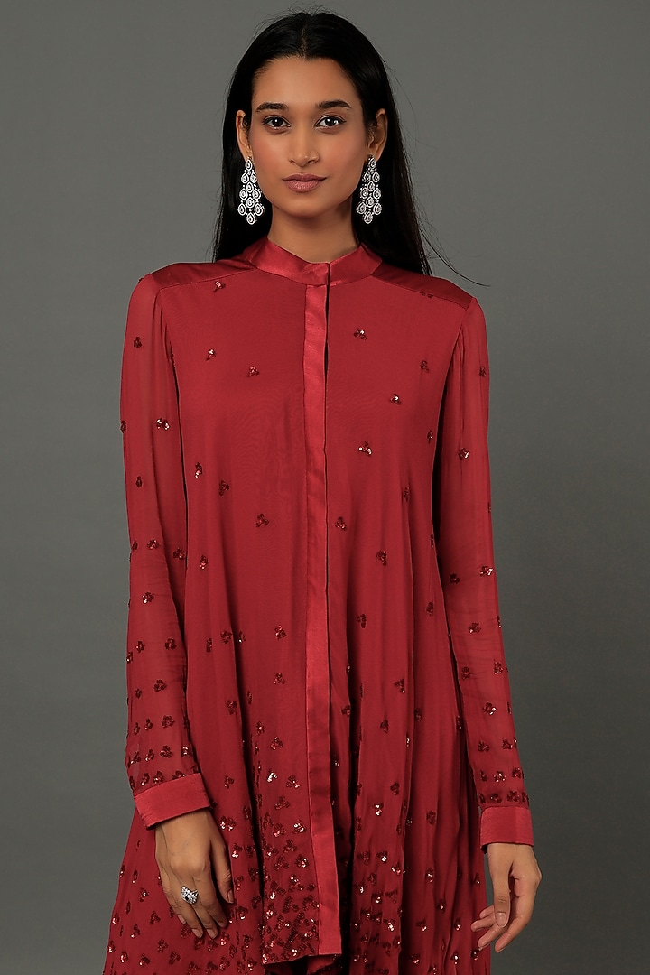 Maroon Georgette Pant Set by Dev R Nil at Pernia's Pop Up Shop