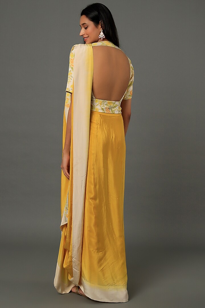 Mustard Hand Painted Draped Wedding Saree Set by Dev R Nil at Pernia's Pop Up Shop